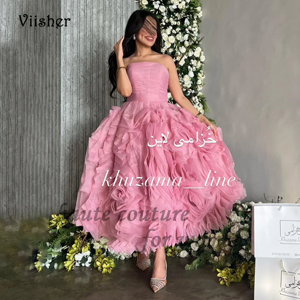 

Pink Organza A Line Prom Dresses Pleats Strapless Arabic Dubai Evening Party Dress Ankle length Formal Gala Gowns Lace Up Back