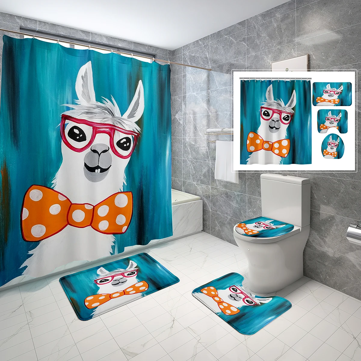 

Cartoon Alpaca Shower Curtain Sets with Toilet Lid Cover Mat Anti-slip Rug Child Cartoon Drawing Waterproof Bathroom Decor Sets