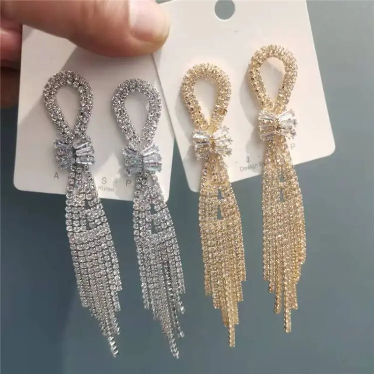 

Europe And America Statement Full Rhinestone Tassel Earrings For Women Fashion Jewelry Party Luxury Long Crystal Earings