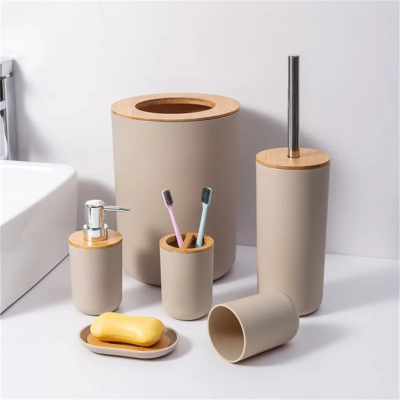 

High end bamboo room 6-Piece set bathroom accessories set toothbrush soap dispenser trash can toilet brush Bathroom Set