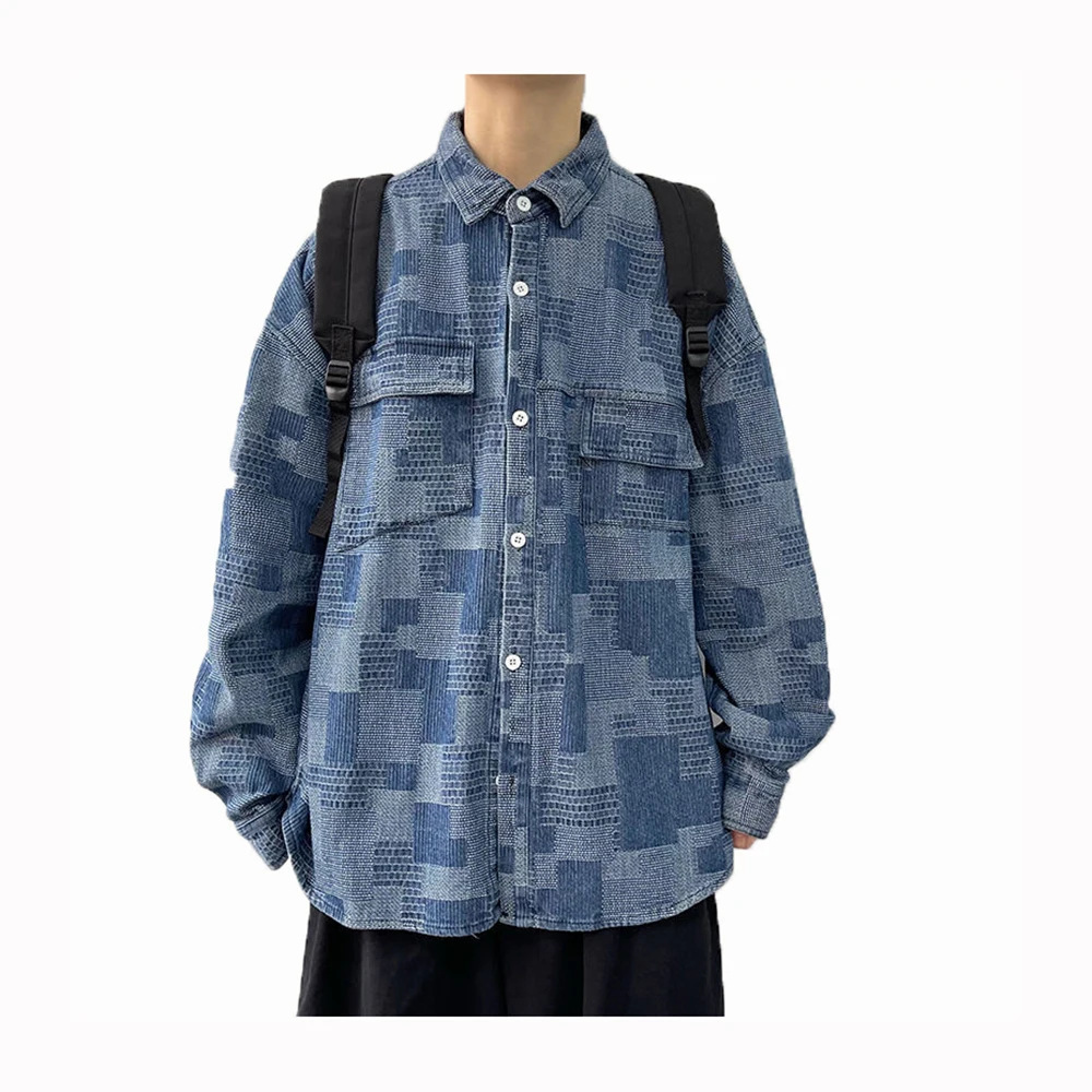 

Vintage Plaid Denim Shirt Collar Coat Men's Spring Fashion Casual Style Loose Couple Cargo Thin Jacket Streetwear MCL343