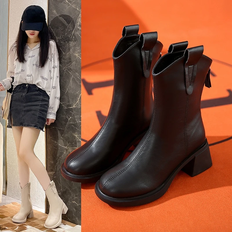 

Black beige thick heel ankle boots women's autumn and winter French high heels thin boots spring soft leather white women'sboots