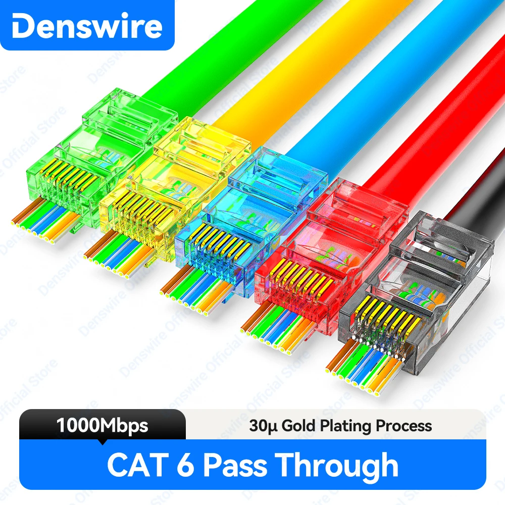 Фото Сетевые коннекторы Denswire Cat6 RJ45 Pass-Through 8P8C, модульные штекеры, разные цвета, для одножильных/многожильных кабелей UTP №1