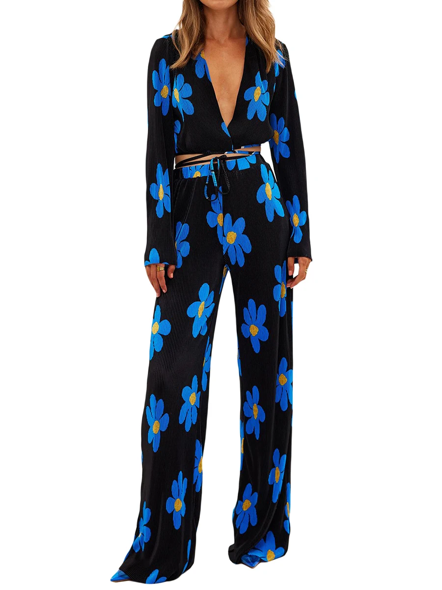 

Caoirhny Women Casual 2 Piece Outfits Long Sleeve Deep V Neck Cross Wrap Crop Tops Pants Set