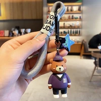 cute resin keychain charm tie the bear pendant for women bag car keyring nylon rope jewelry accessories kids girl gift