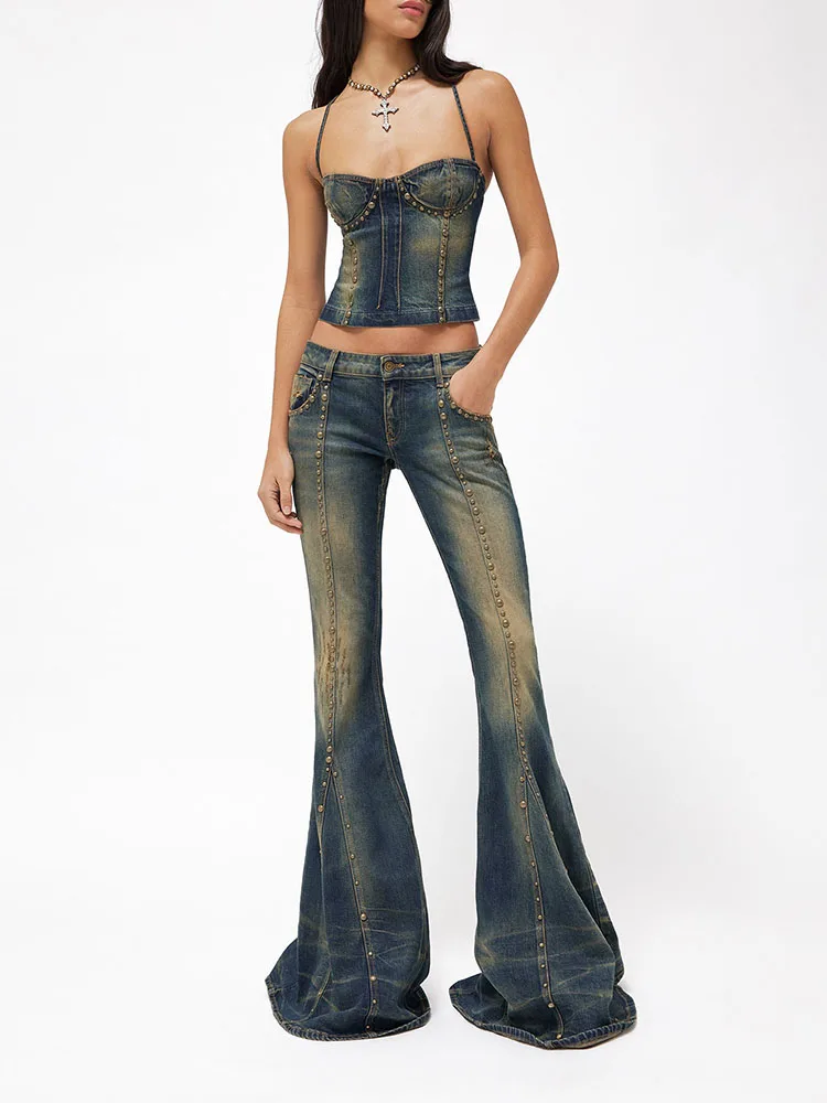 

Женская джинсовая майка с заклепками, на тонких лямках