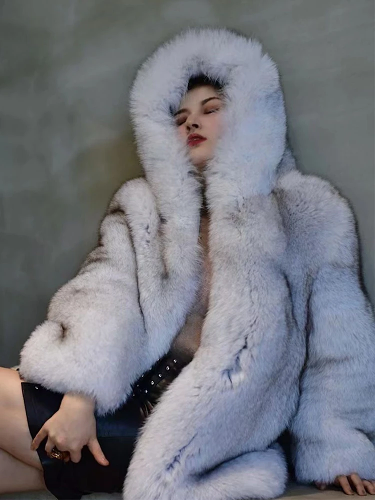 FURYOUME New Winter Women Real Fox Fur Coat Hooded Natural Silver Red Fox Fur Jacket Female Thick Warm Outerwear Ladies Clothes