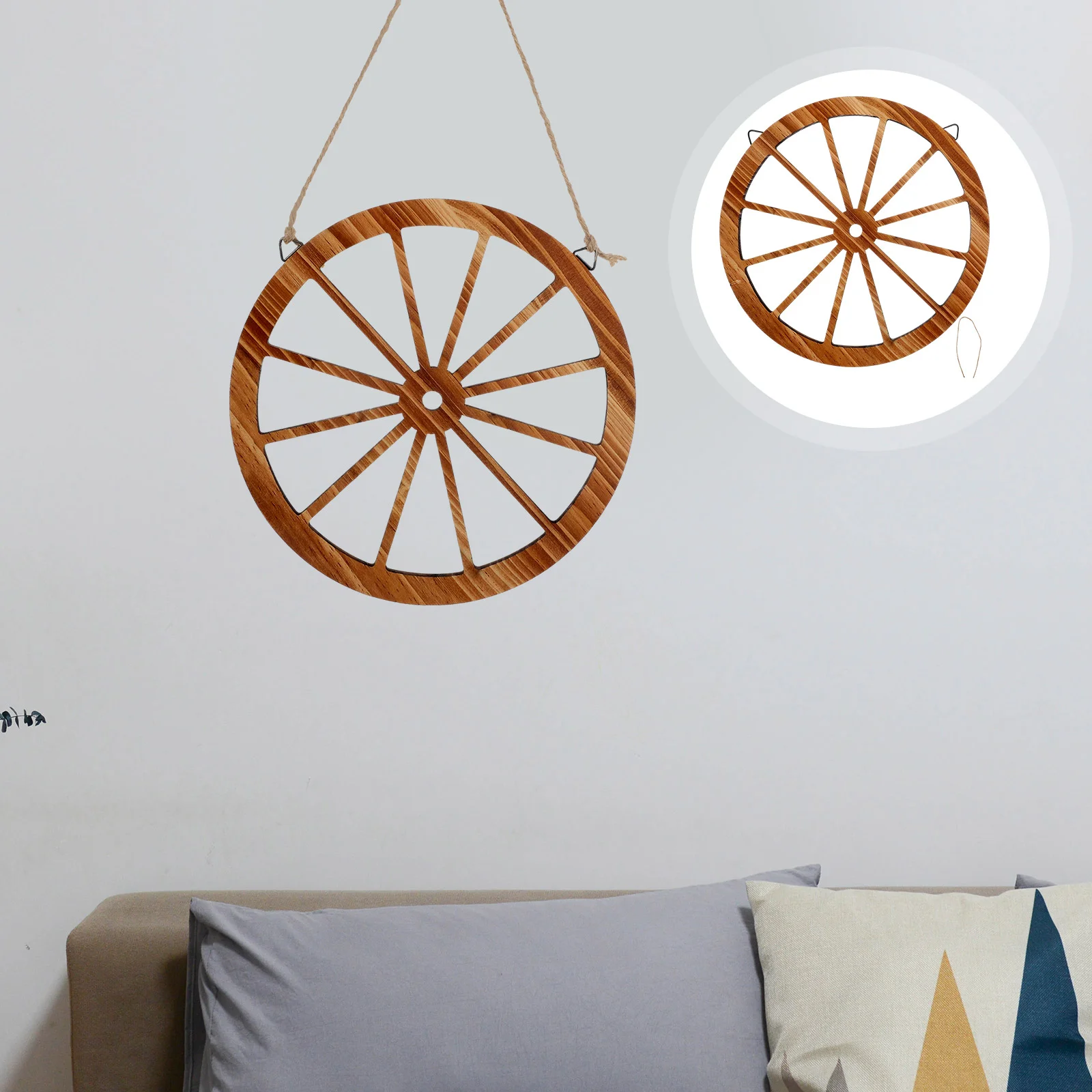 

Dark Brown Wood Trim Garden Decor Decorative Vintage Wall Bedroom Wooden Craft Wagon Wheel Hanging Home Office Ornament