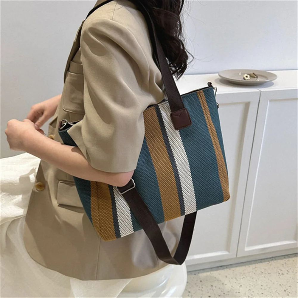 

Canvas Stripe Tote Bag Vintage Shoulder Crossbody Bags Large Capacity Women's Handbags Shopping Storage Handbag Students Travel
