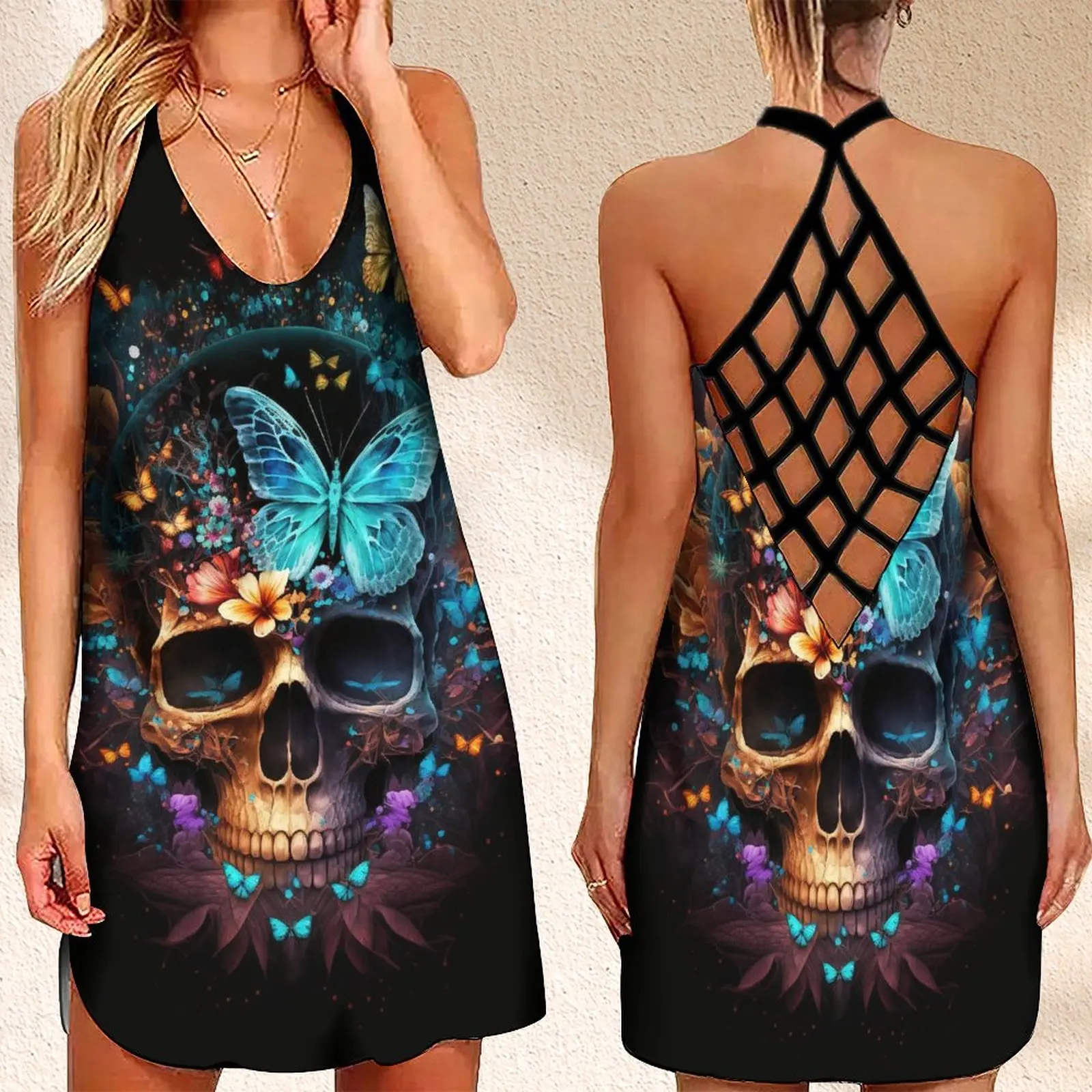 

Женское платье без рукавов, с открытой спиной и принтом черепа