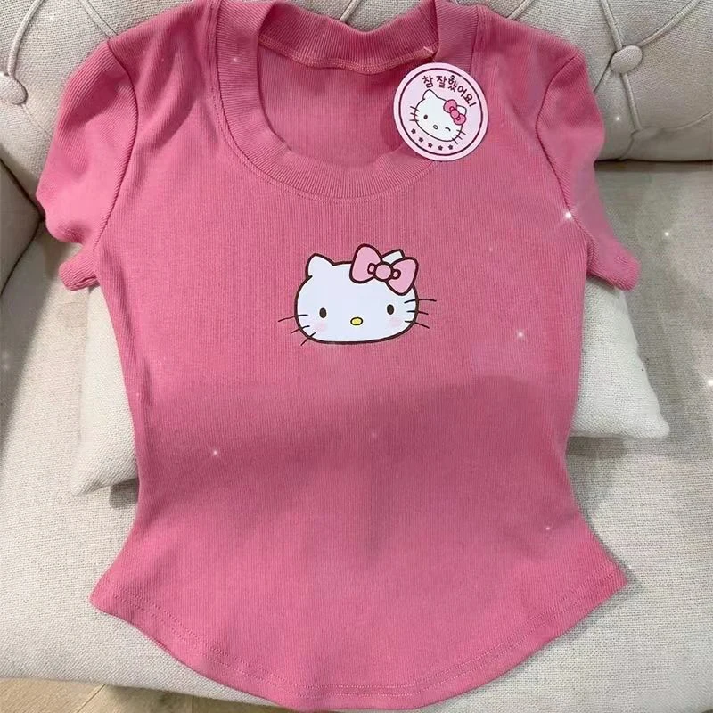 

Hellokittys летние футболки с коротким рукавом Kawaii Милая аниме мультфильм Женщины Короткие Корсеты Топы женские хлопковые футболки трико 2023 Новинка