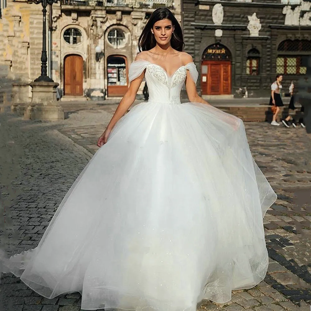 

Princess Cap Sleeves Wedding Dress 2022 V-Neck A-Line Elegant Backless Bridal Gowns Appliques Lace Button Tulle Vestido De Novia