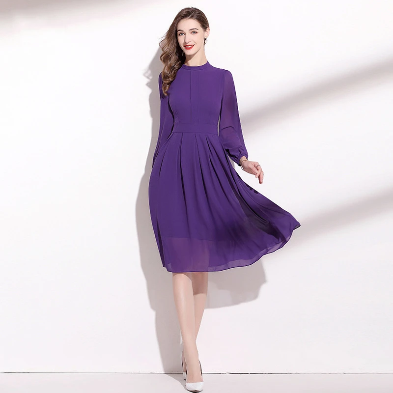 

Purple Chiffon Dress Women M-XXL 2022 NEW Stand Collar Long Sleeves Solid Colour Slimming A-Line Simple Elegant Ladies Dress