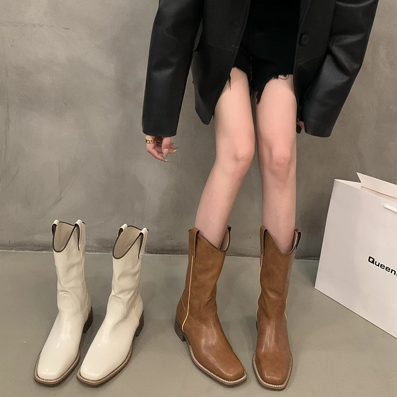 

Square Toe Woman Cowgirl Boots Fashion Slip On Ladies Elegant Square Low Heel Mid Calf Boots Shoes Women's Winter Footwear
