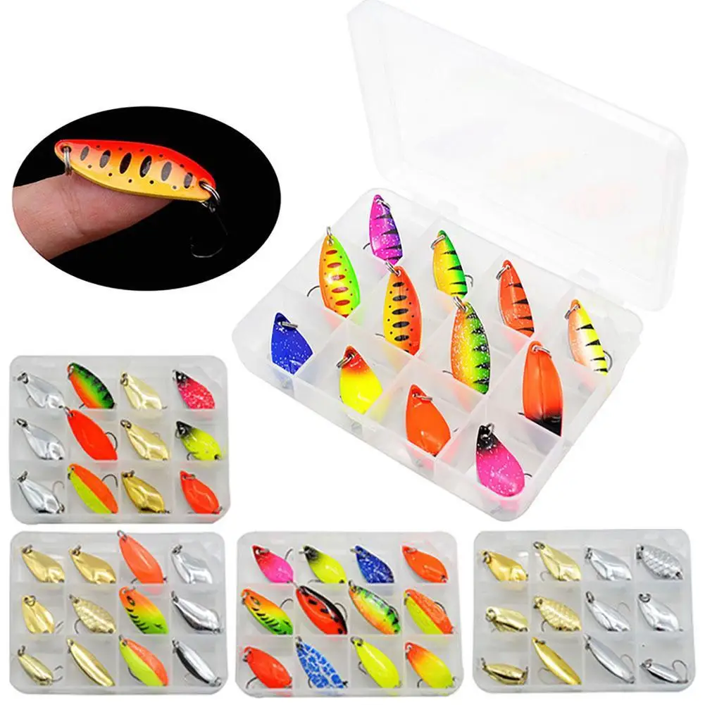 

12pcs Spoon Lures Kit Colorful Spinner Baits Artificial Hard Bait Fishing Jig With Tackle Box For Trout Bass
