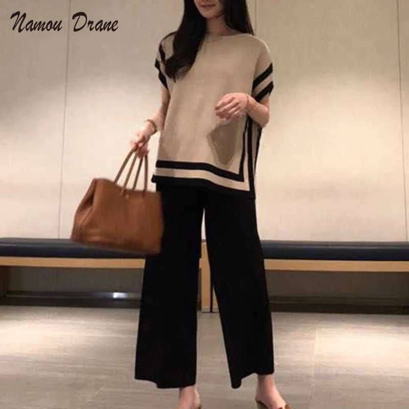 

Namou Drane 2022 летняя корейская мода с круглым вырезом разноцветный ледяной шелк вязаный тонкий кулон широкие брюки комплект из двух частей для женщин