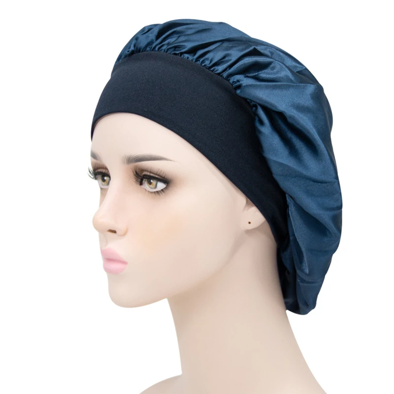 

Large Solid Color Caps Wide-Brim Elastic Night Unisex Supplies Fashion Hair Care Beauty Shower Cap Satin Chemotherapy Cap