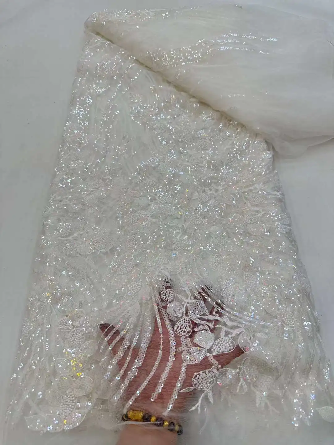 

Latest African Lace Fabric 2023 High Quality White Sequins Groom Embroidery For Women Wedding Party Dress Beads Fabric 5 Yards
