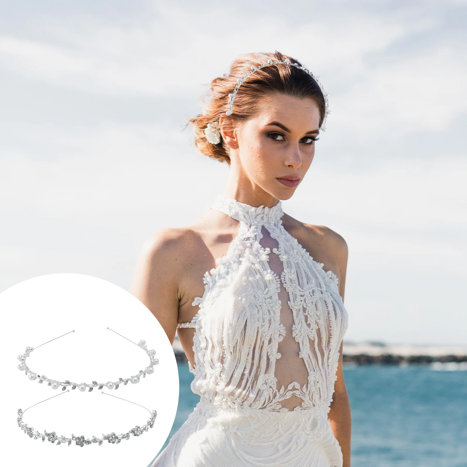 

2pcs Bridal Headband Pearl Leaves Wedding Dress Accessories Hair Band for Party Dancing Birthday