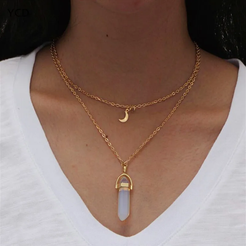 

YCD Fluorite Quartz Crystal Necklace Fashion Bullet Hexagonal Column Stone Pendant Necklace for Women Men Jewelry Accessories
