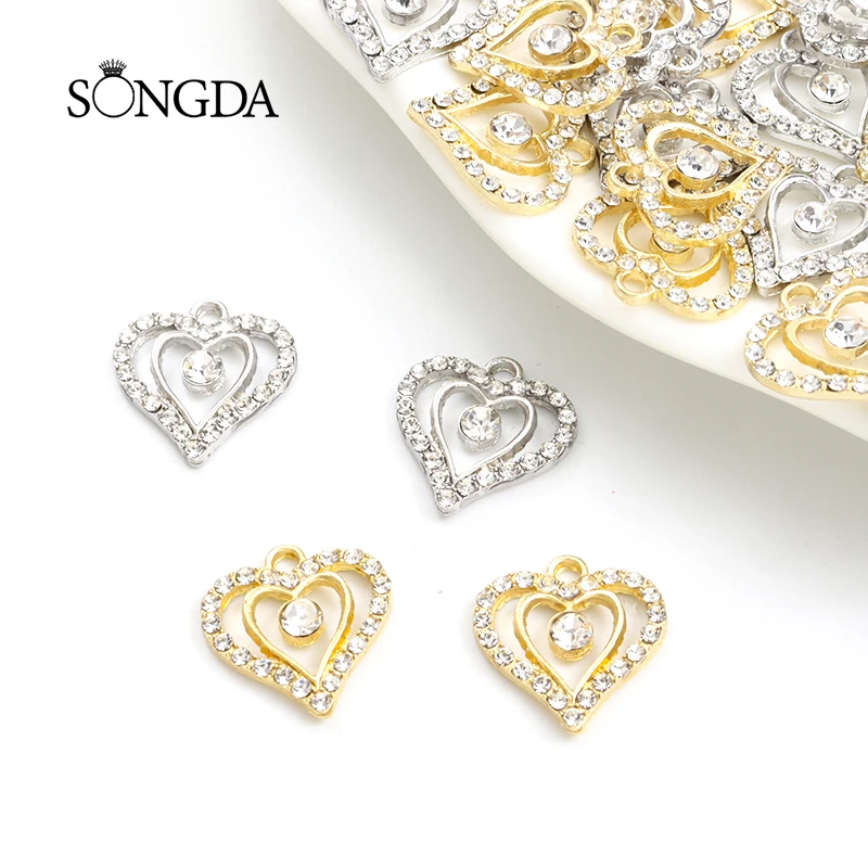 

10pcs Double Hollow Heart Shaped Crystal Rhinestone Charms Silver/Gold Color Alloys Pendants for Making Jewelry DIY Accessories
