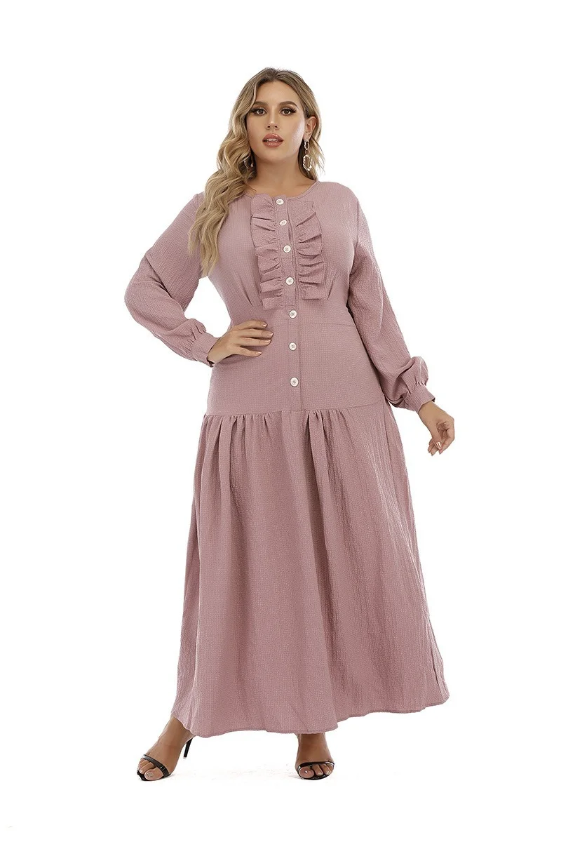 Plus Size Dress for Women Autumn 2022 Elegant Pink Ruffle Button Up O Neck Long Sleeve Empire A Line Dresses Solid 5XL