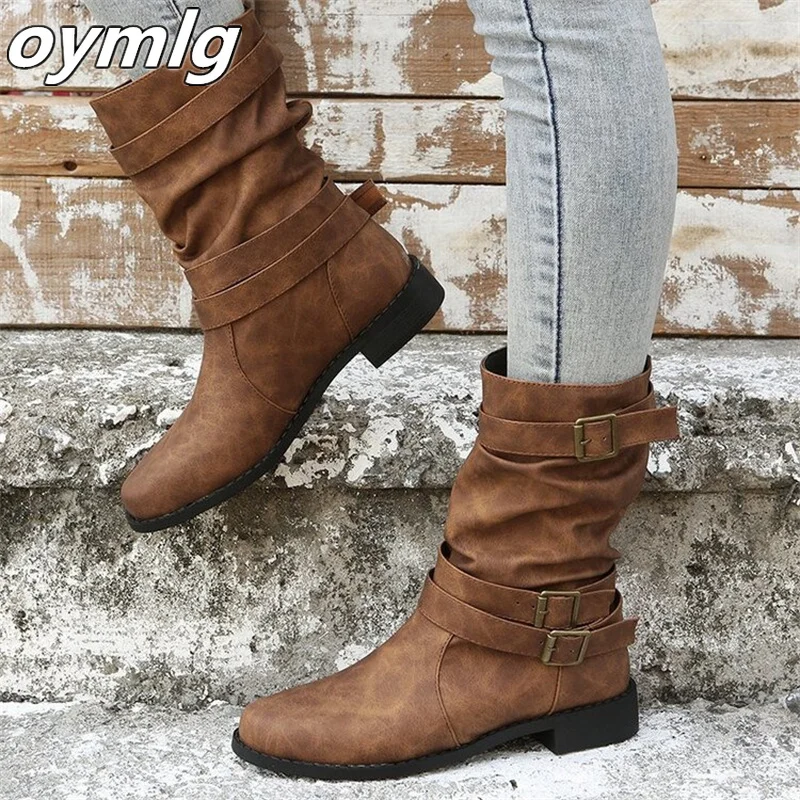 

Женские ботинки с круглым носком, на плоской подошве, большие размеры, мотоциклетные ботинки, Осень-зима 2022