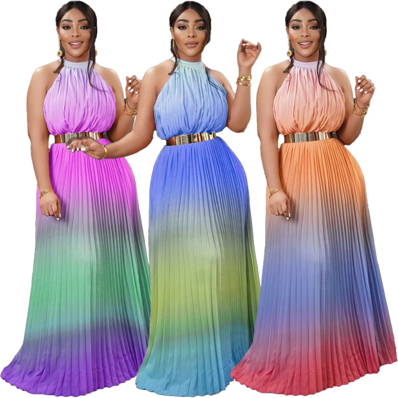 

Temperamental Popular European And American Women's Spring Summer 2022 Gradient Pleated Long Beach Dress CY9233