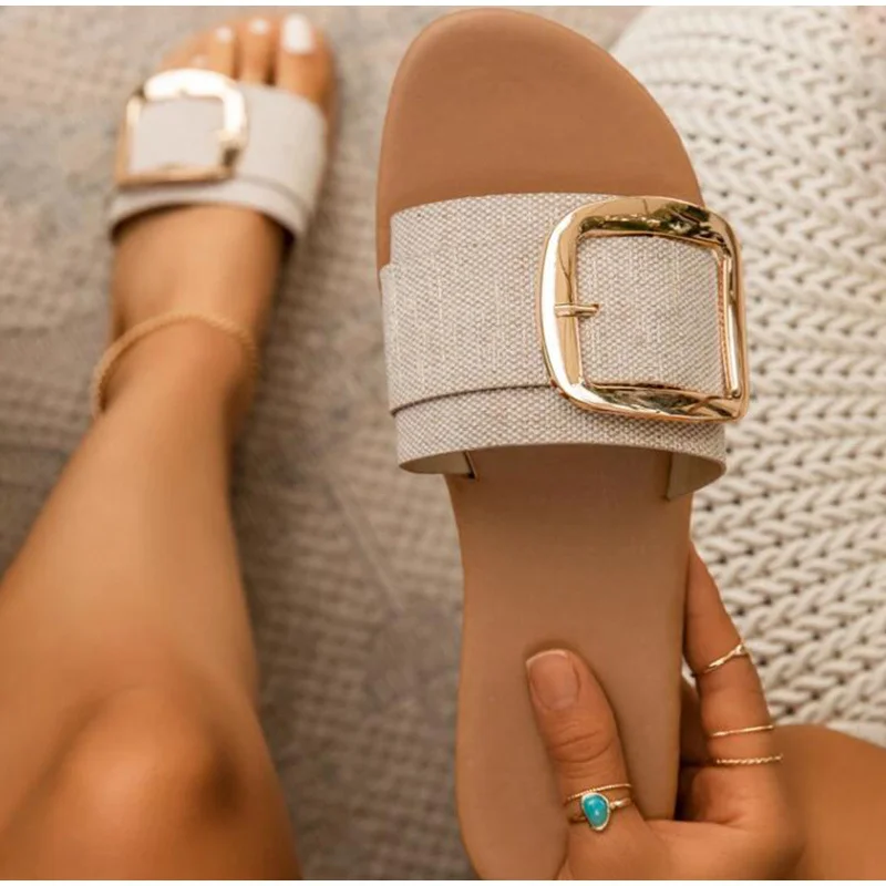 

Woman's Shoes Women Metal Decoration Slippers 2023 Summer Outdoor Flat Beach Fashion Square Toe Female Slides Laides Slippers