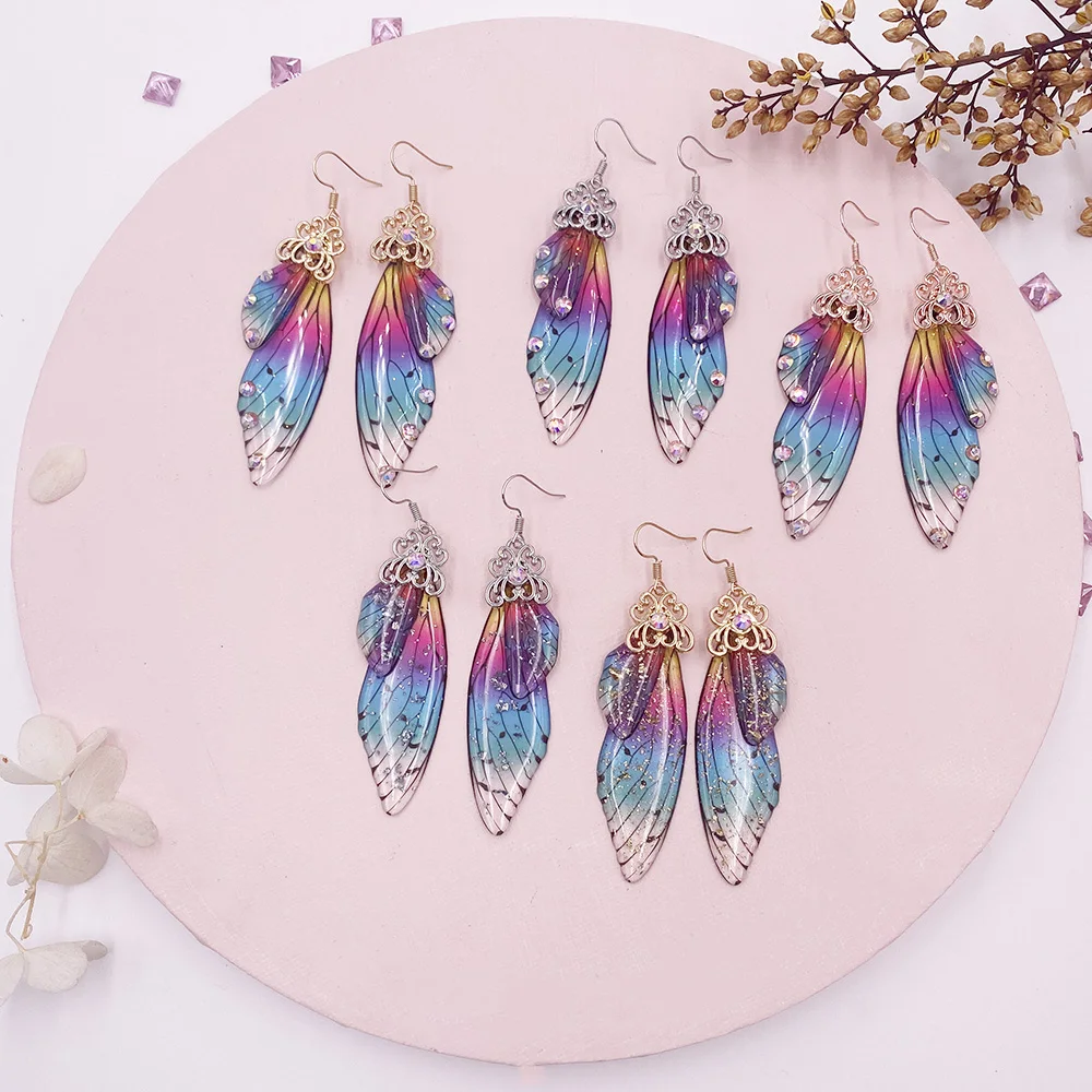 

2022 Fairy Rainbow Butterfly Wings Drop Dangle Earrings for Women Gold Color Colorful Insect Wing Statement Earrings Jewelry