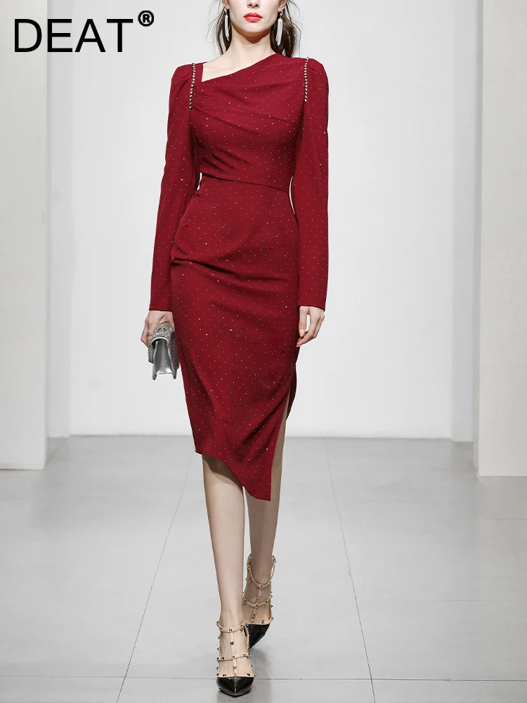 

Женское платье с длинным рукавом [DEAT], Черное вечернее платье с длинными рукавами и заклепками, 13DB805, весна 2023