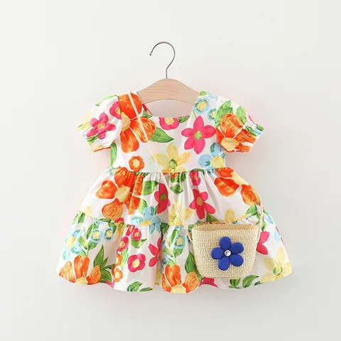 Корейский стиль платья для маленьких девочек с сумкой летние хлопковые детские Сарафаны с цветами хлопковая детская одежда для младенцев Детские платья