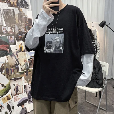 

A Men's autumn fake two-piece T-shirt round neck printing bottoming shirt student tide brand top