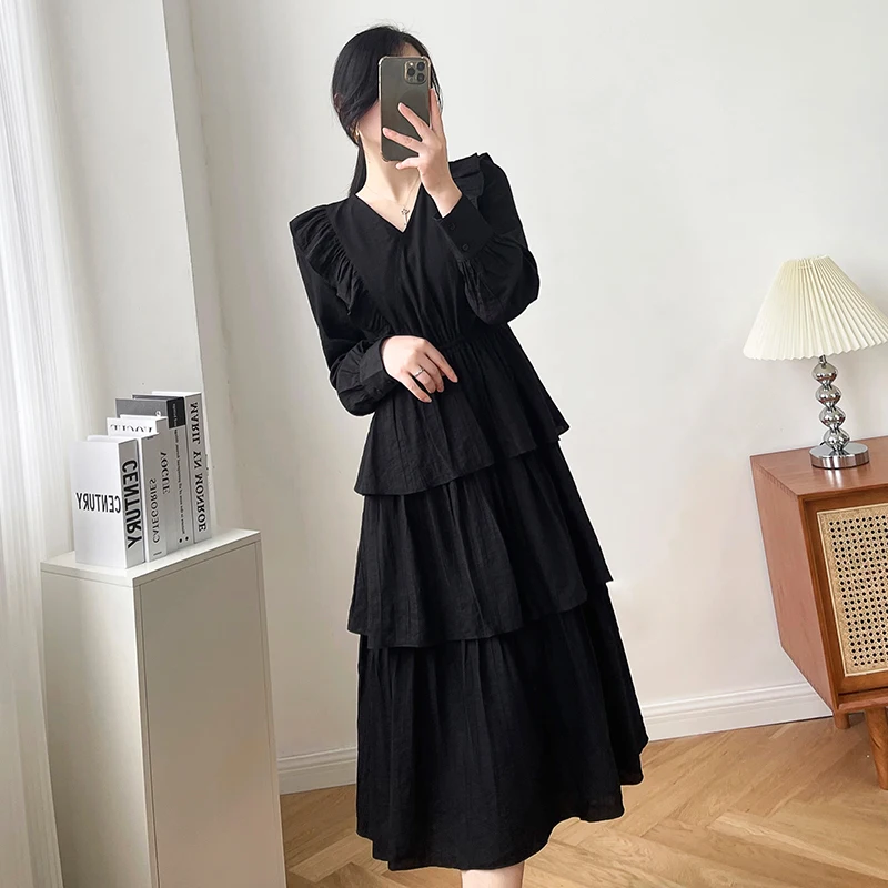 Женское платье с юбкой в стиле ретро черное милое V-образным вырезом и оборками