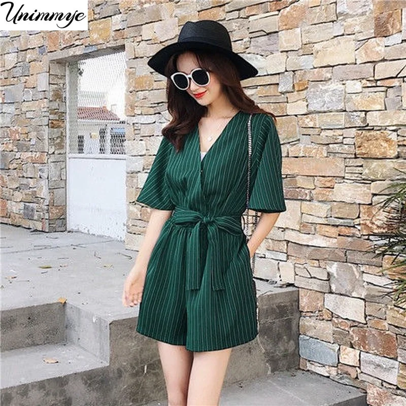 

Women Short Sleeve Playsuit with Belt Korean Fashion Wide Leg Shorts Jumpsuit Summer Casual V Neck Loose Beach Rompers X24