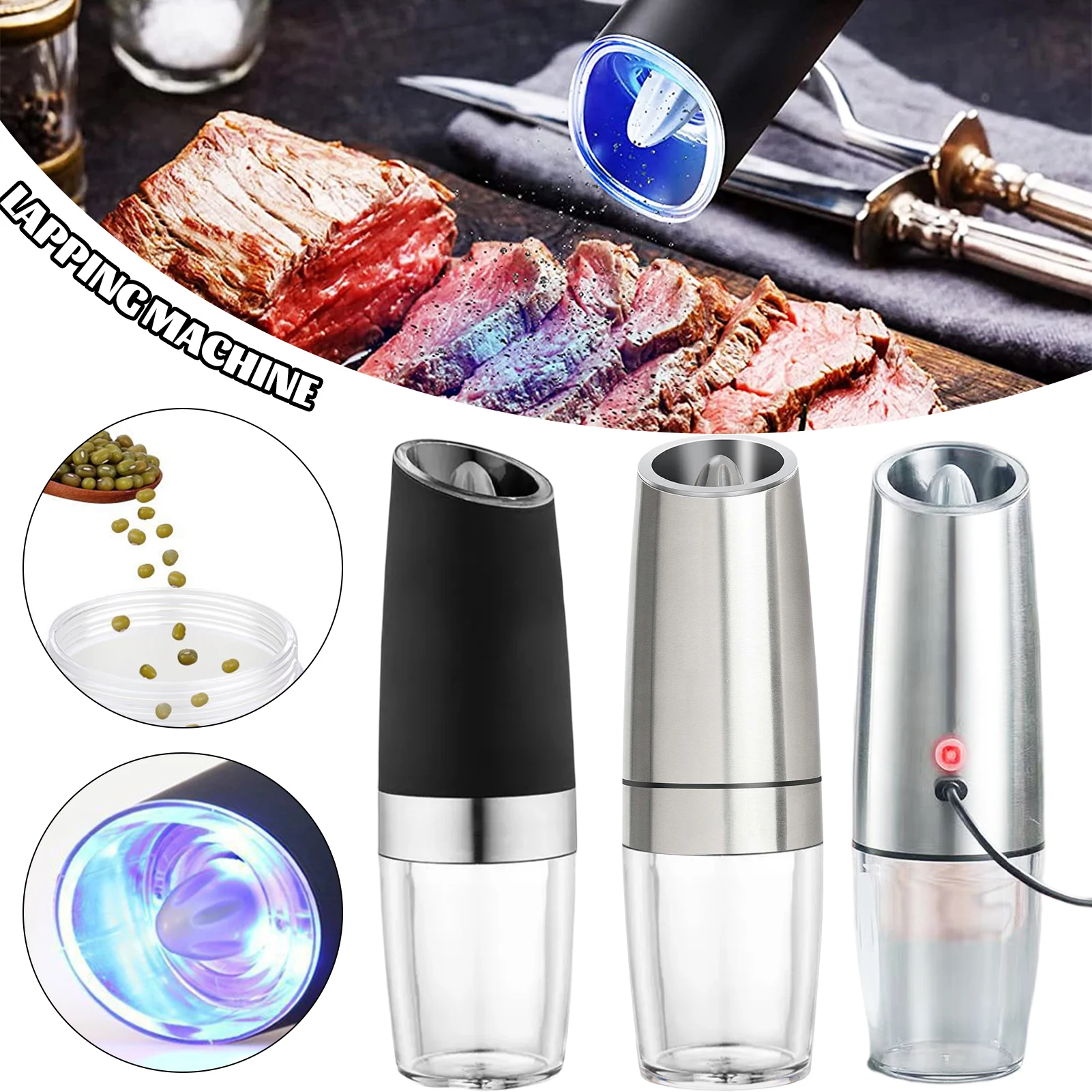 

Gravity Electric Salt Pepper Grinder Stainless Steel Automatic Spice Mill Adjustable Herb Shakers Kitchen Tools With LED Light