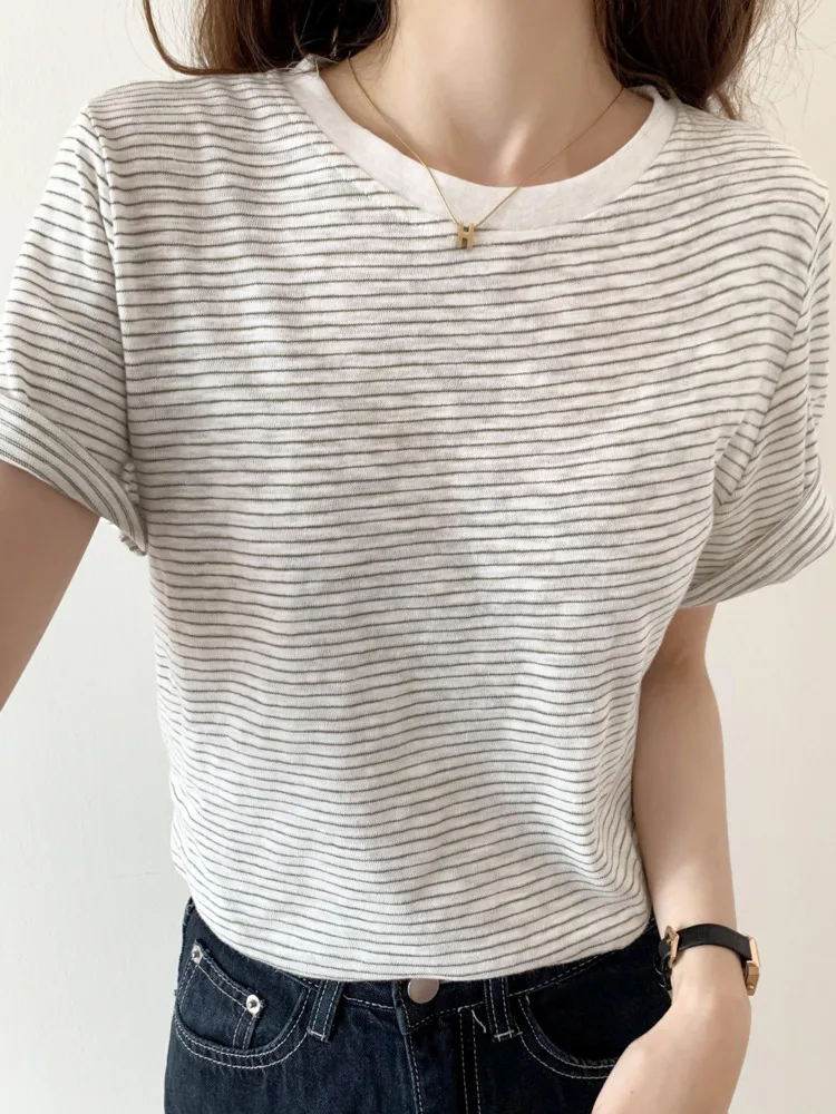 

Doornot Classic Striped Cotton T-shirt Women Summer Fashion Soft Short Sleeve Basic Tshirts Feminina Comfortable Daily Tops