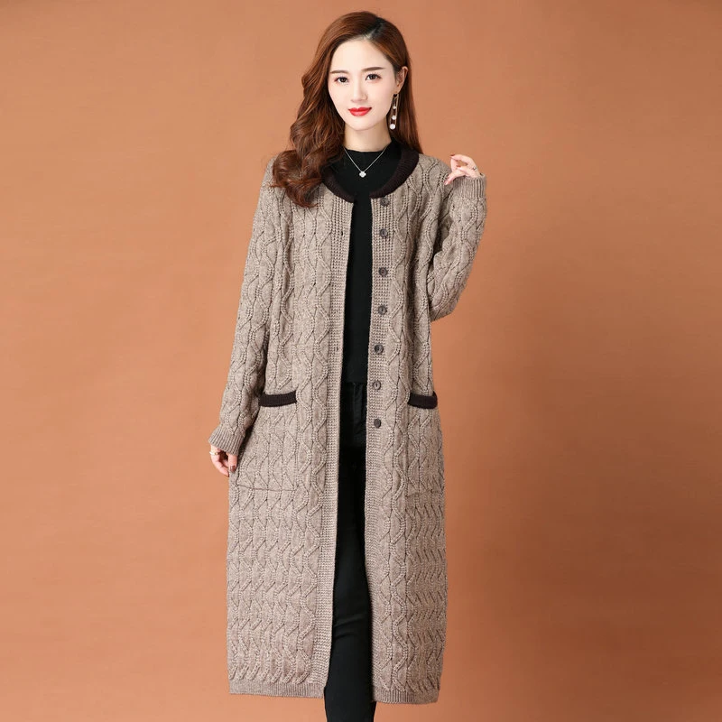 Women Camel Grey Cardigan Sweaters Autumn Winter Textured Knit Coat Knee Length Single Breasted O-Neck Warm Sculptured Knitwear enlarge
