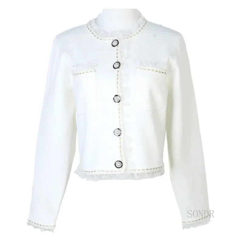 Высокомодный черный кардиган с кружевной отделкой 2024 осень-зима укороченный