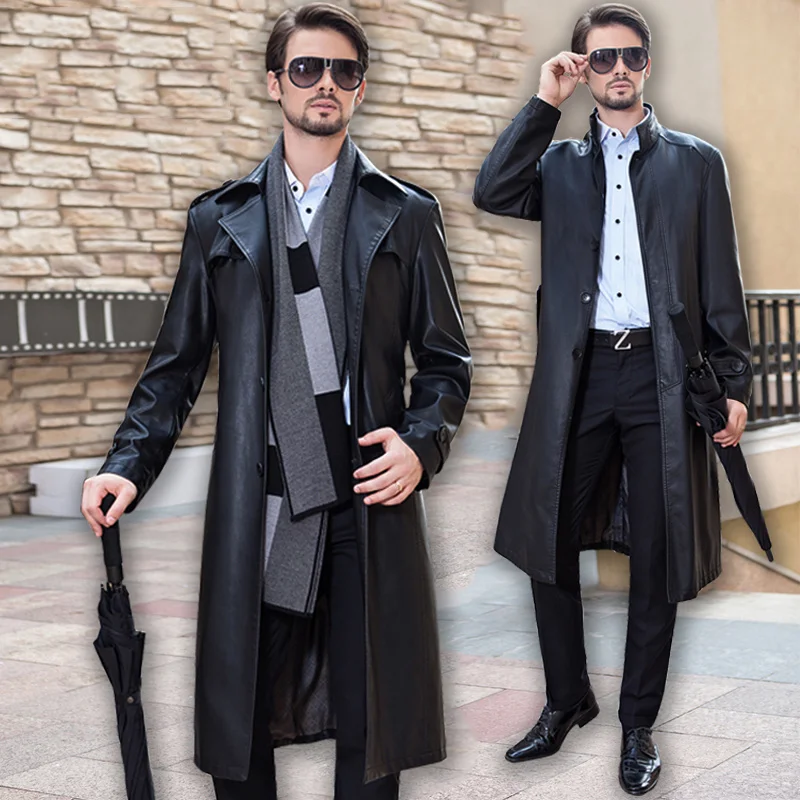 

Brand Spring New Men's Long Leather Jacket Male Plus Size Sheep Skin Outwear Suit Collar Overcoat Fashion Trench Coat Hombre