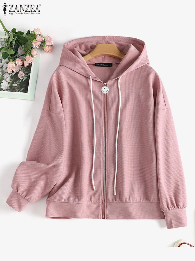 

ZANZEA Fashion Women Long Sleeve Hoodies Casual Solid Loose Harajuku Sweatshirts 2023 Spring Hooded Zip Up Streetwears Oversized