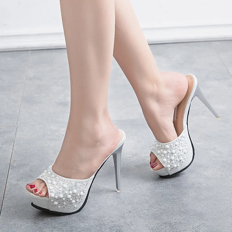 

Slipper Women Platform Slingback Sandals Ladies Leather Sexy Stiletto Comfort 12 CM High Heel Open Toe Pretty Shoes Black Silver