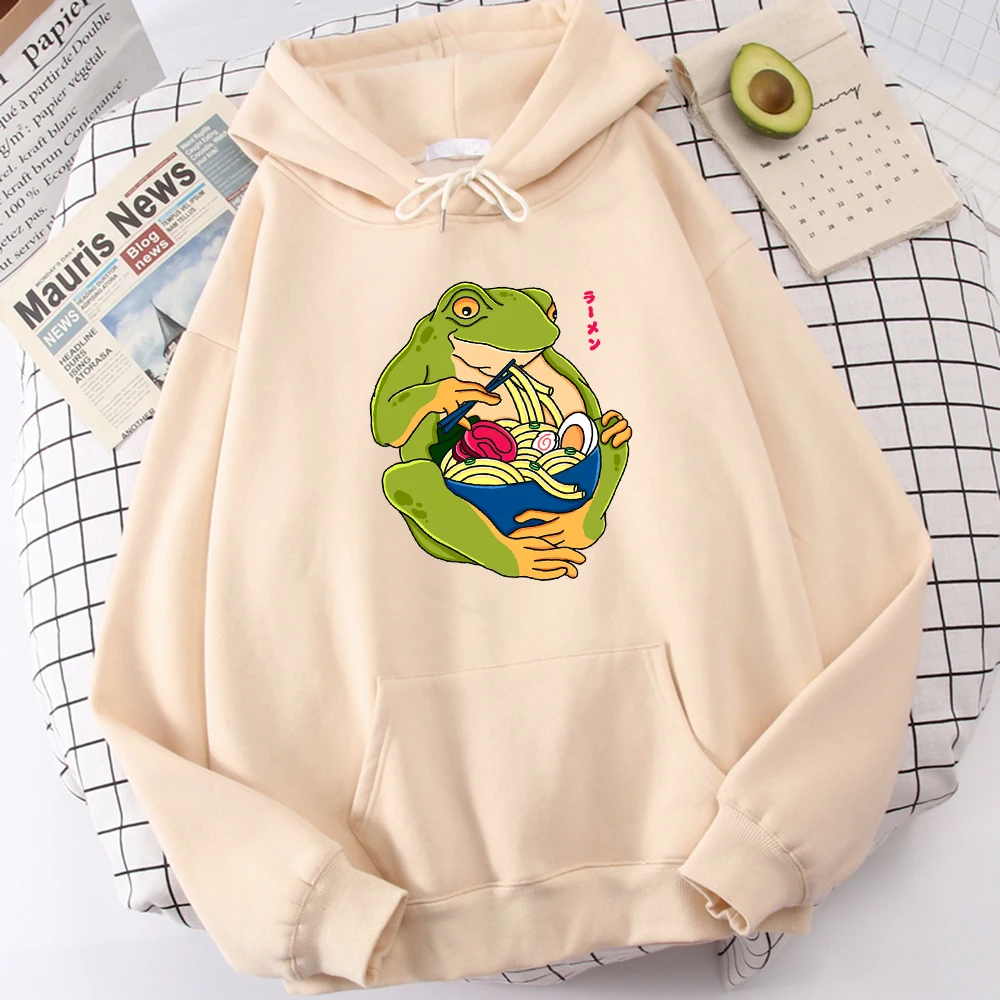 

Monster Frog Eating The Noodles Prints Womens Tops Creativity Pocket Hoodies All-Match Oversized Pullover New Female Hoody