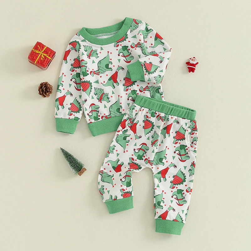 

Рождественская Одежда для маленьких мальчиков и девочек, толстовка с длинным рукавом и принтом динозавра и длинные брюки с эластичным поясом, комплект одежды из 2 предметов