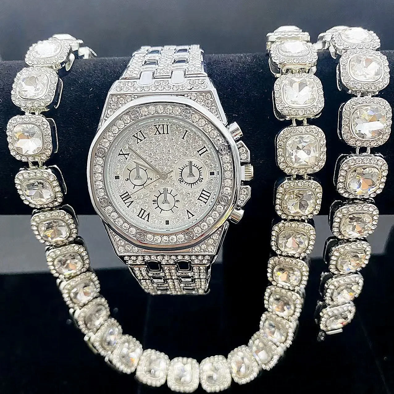 3 шт. часы Iced Out + браслет ожерелья для мужчин модные золотые роскошные с