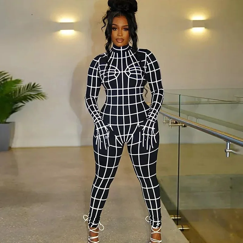 Sexy Jumpsuit for Women Mock Neck Glove Bodysuit 3D Geometric Checker Printed One Piece Pants Fashion Leggings Women Jumpsuit