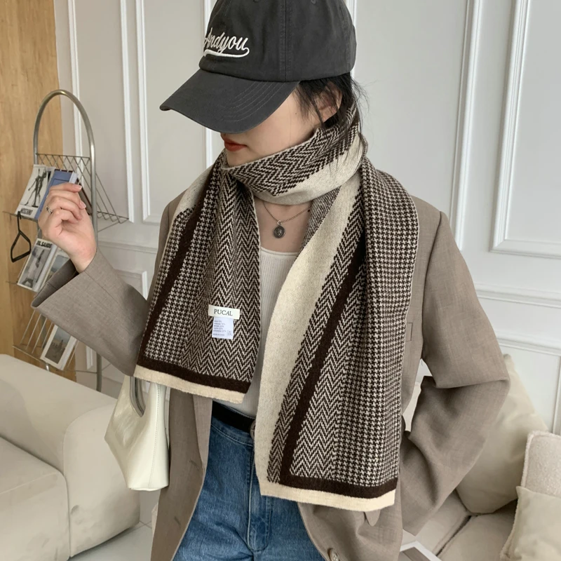 

Houndstooth Plaid Knitted Cotton Scarf for Women Korean Style Winter Warm Soft Neckerchief Woolen Yarn Skinny Scarf For Women