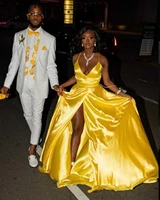 elegant high slit a line evening dresses bright yellow spaghetti straps v neck long prom gowns custom made party robe de mari%c3%a9e
