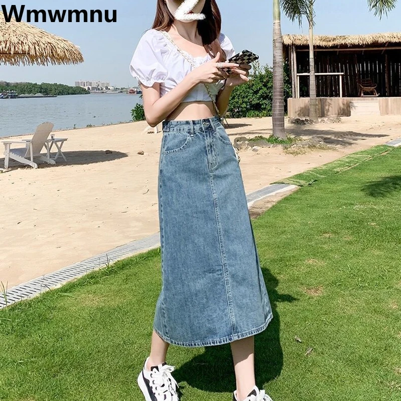 

Split Jean High Waist Midi Skirt A-line Streetwear Women Falda Casual Korean Fashion Skirts Denim Aesthetic New Summer Jupe