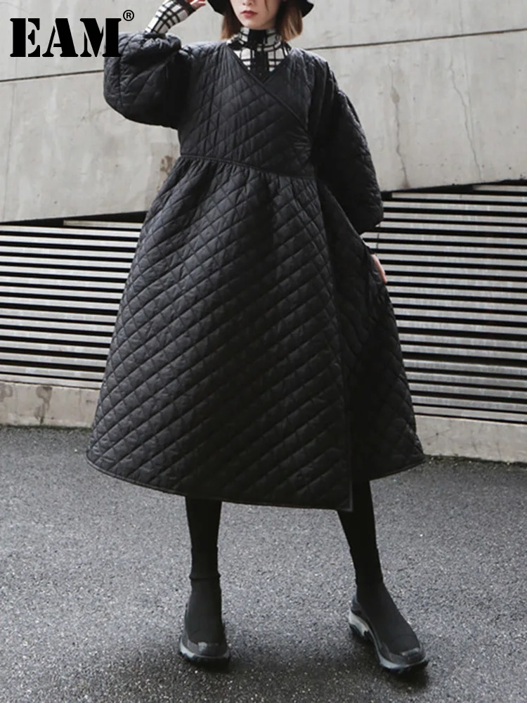 

[EAM] Black Vintage Casual Cotton-padded Coat Long Sleeve Loose Fit Women Parkas Fashion Tide New Autumn Winter 2023 1DF4824